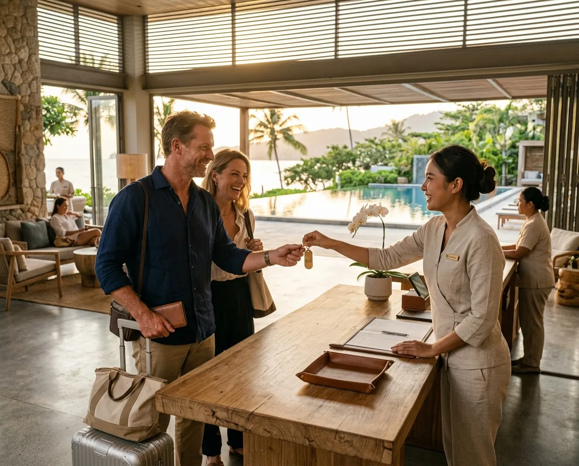 A resort host handing a room key to arriving guests in an open lobby, a pool behind