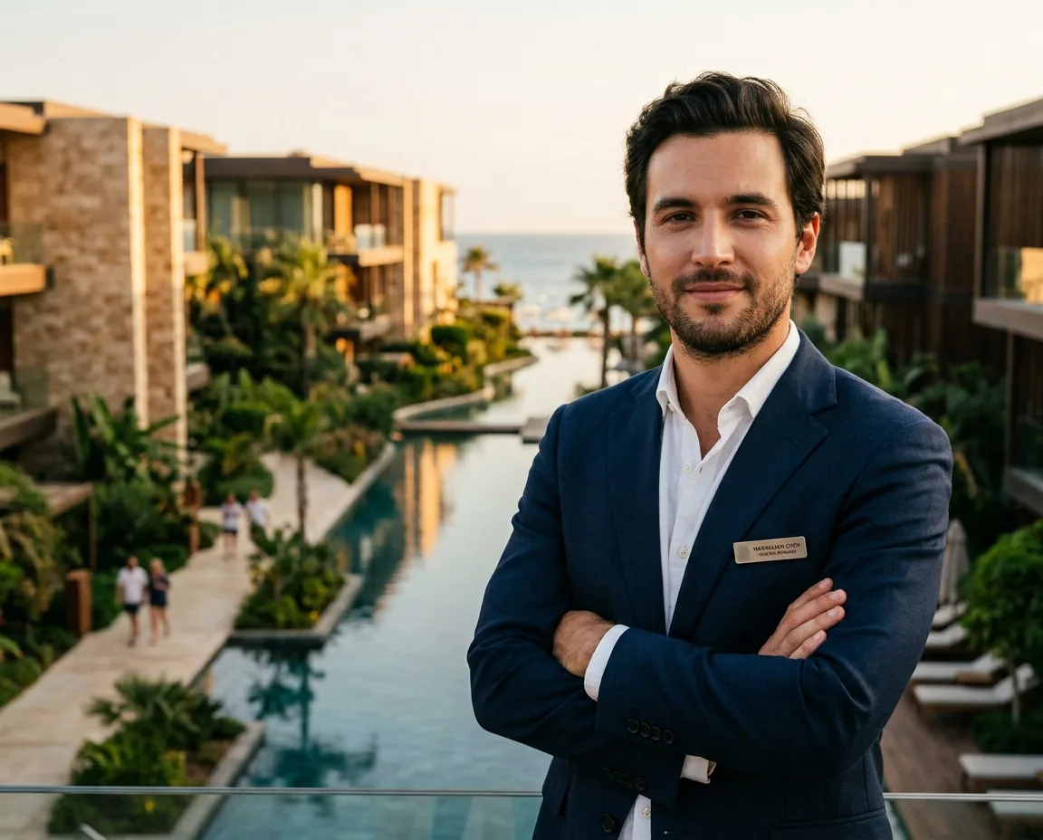 The general manager of a modern seaside resort, arms crossed, standing watch over his property