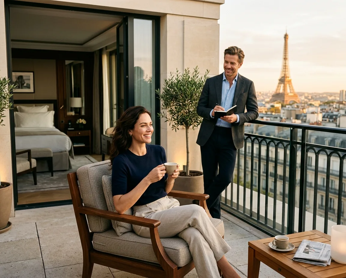 A couple on the balcony of a hotel suite at golden hour, the Eiffel Tower in the distance, she relaxed with coffee while he takes notes