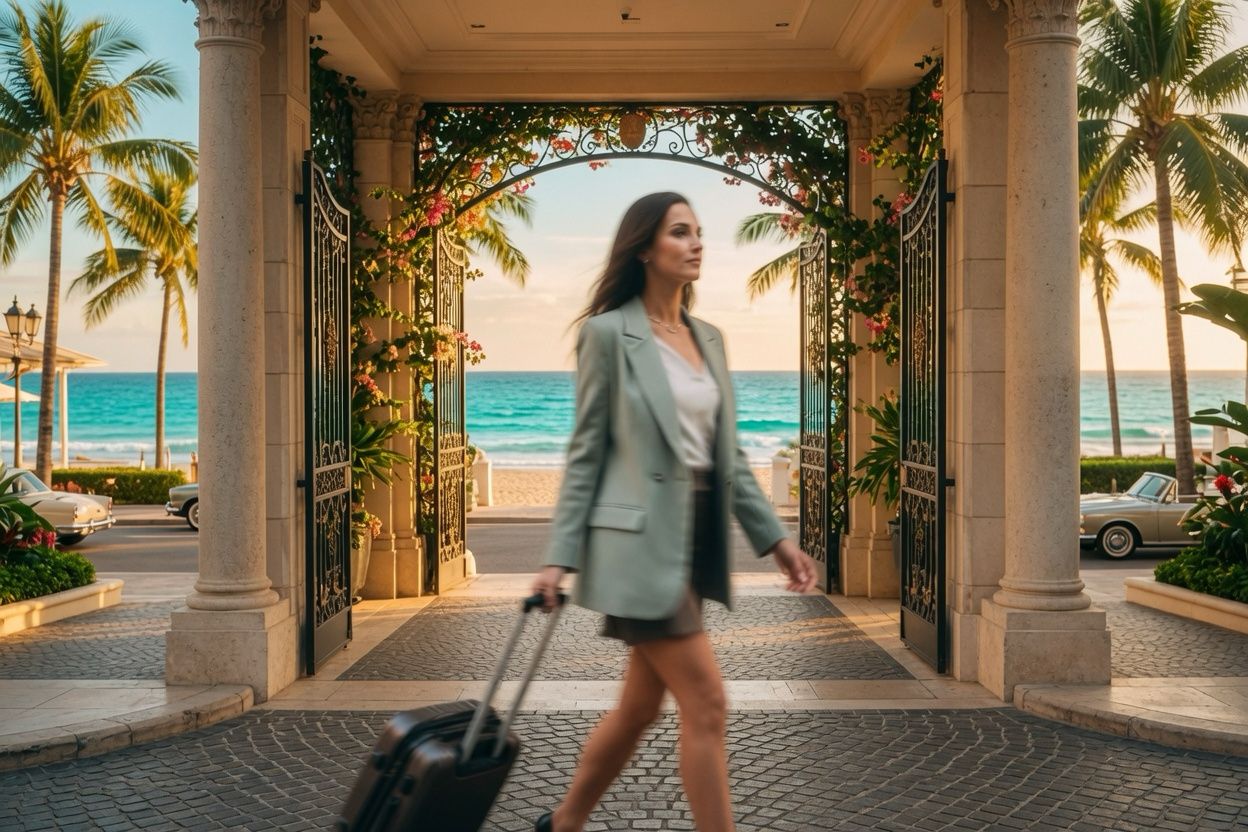 An elegant guest leaving a seaside hotel, captured in motion